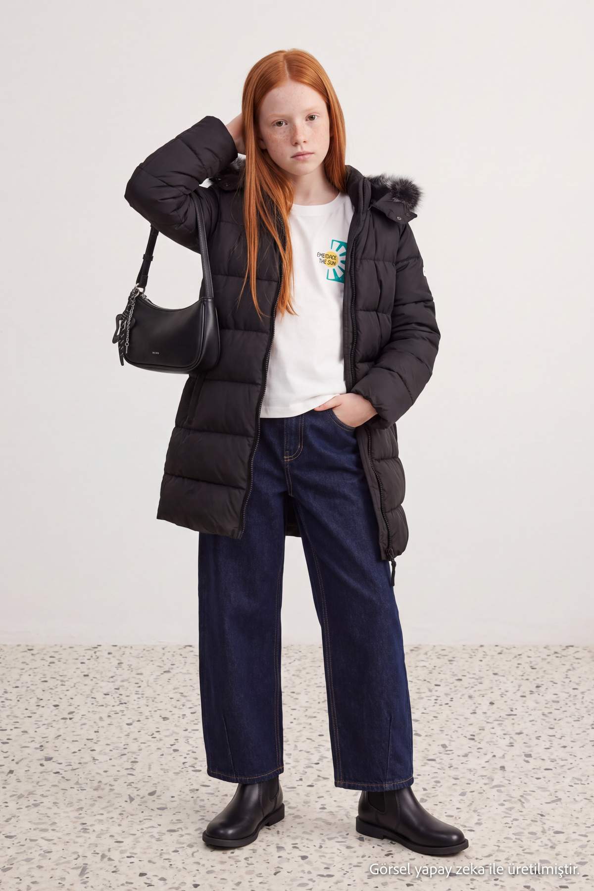 Girls' Black Long Fleece-Lined Hooded Coat