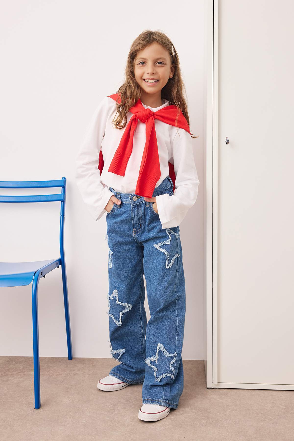 Girls' Blue Star-Print Wide-Leg Denim Trousers