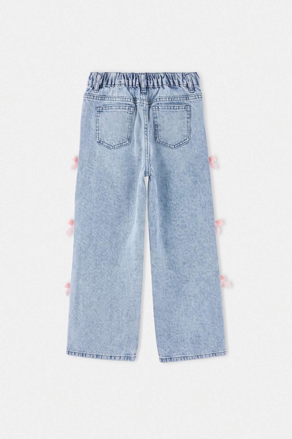 Girls' Mid-Blue Cotton Bow Wide-Leg Jeans