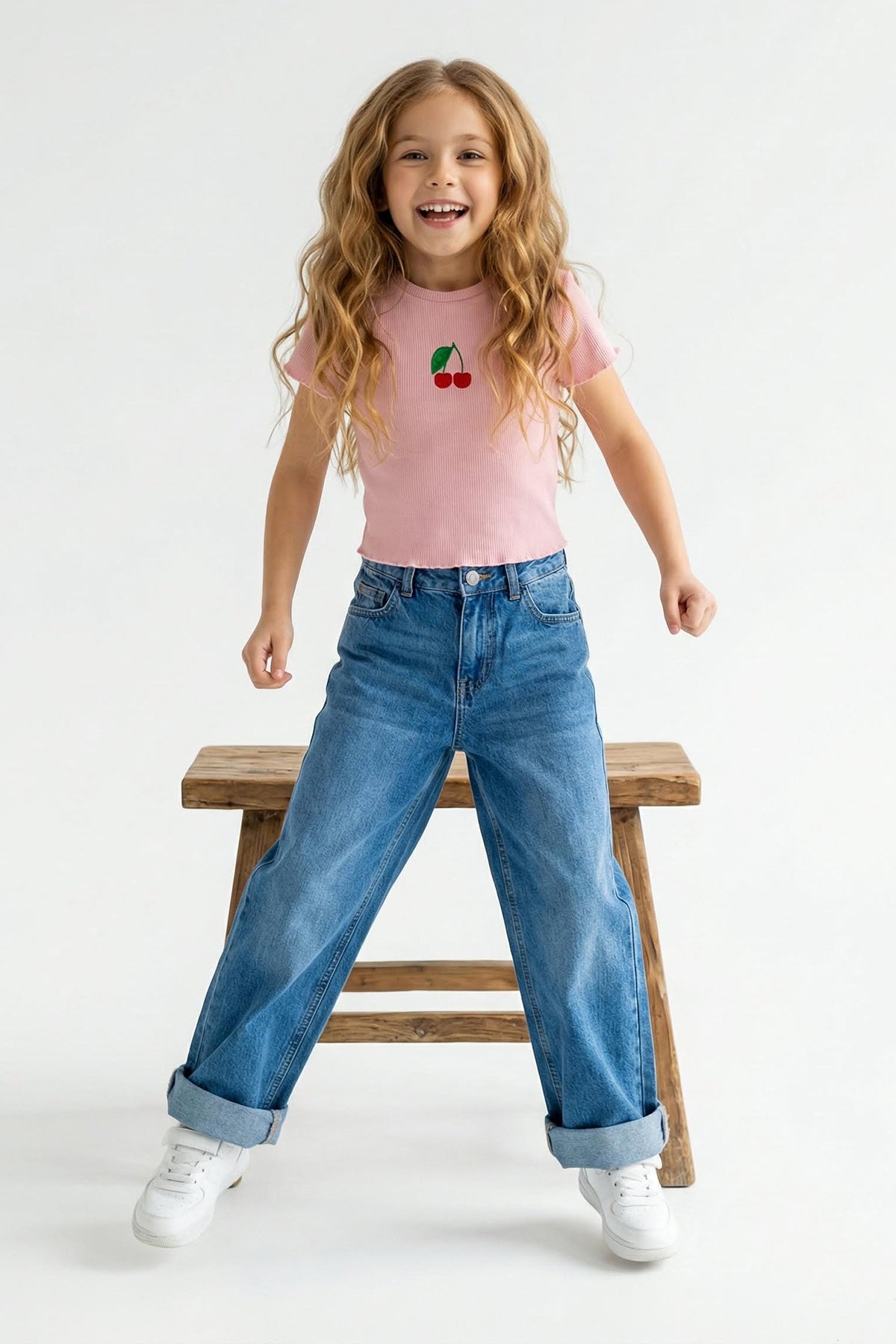Girls' Light Pink Cherry Ribbed Cotton T-Shirt