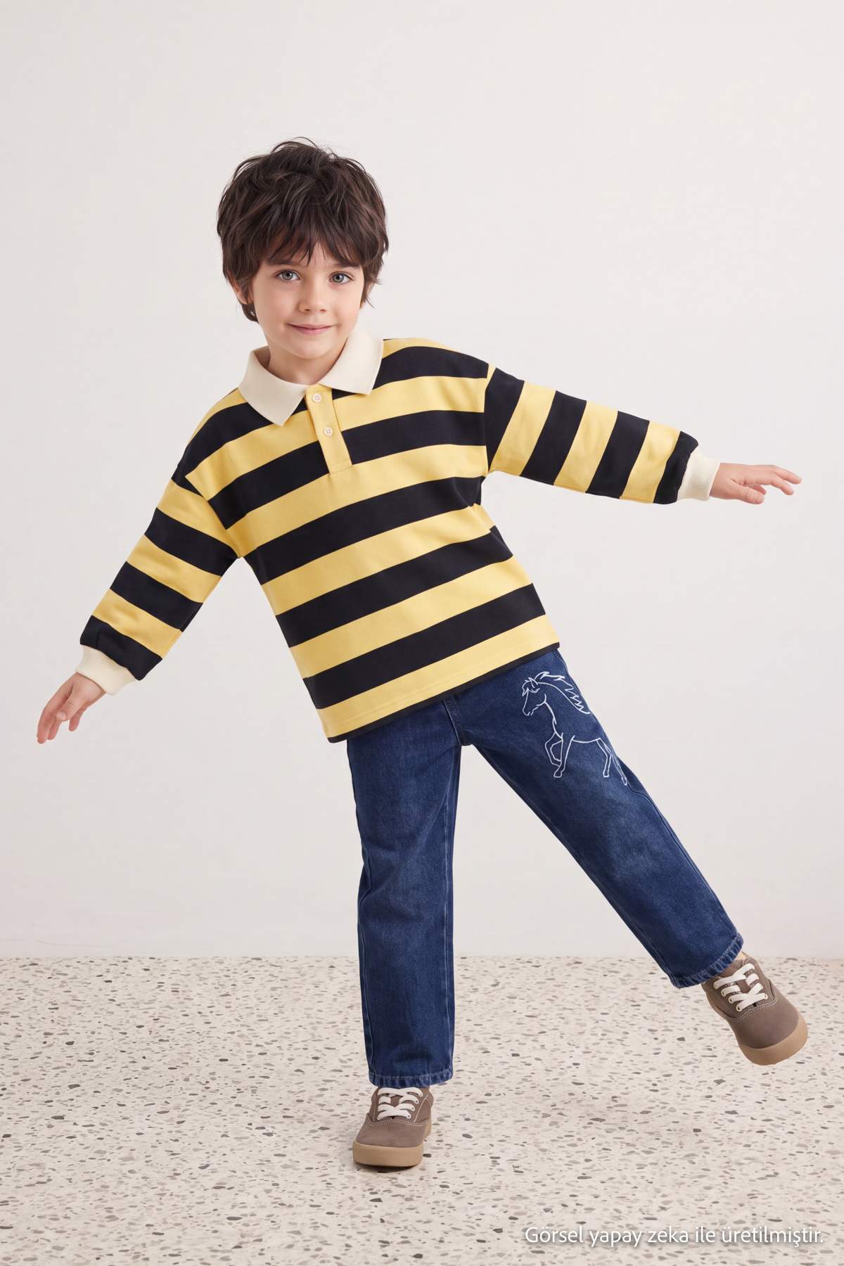 Boys' Dark Blue Horse-Embroidered Jeans