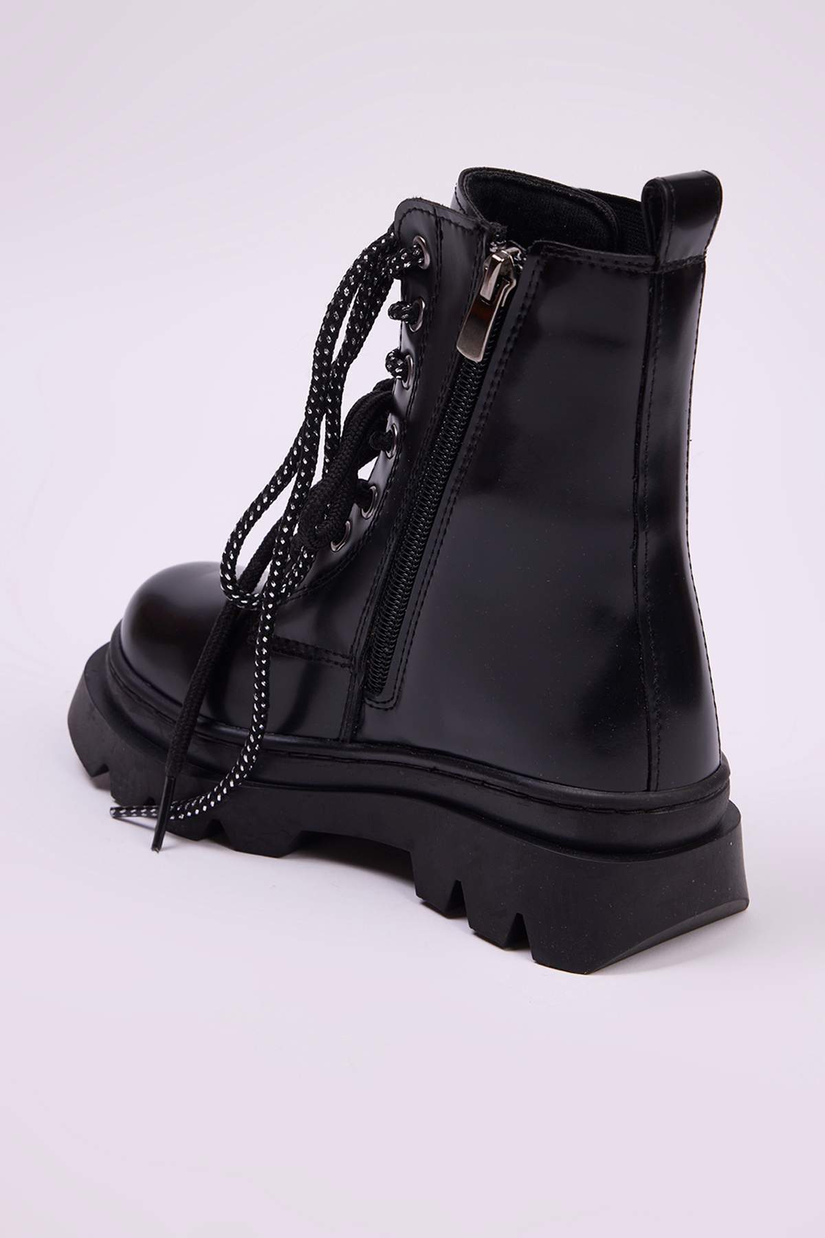 Girls' Black Two-Tone Lace-Up Combat Boots with Zip