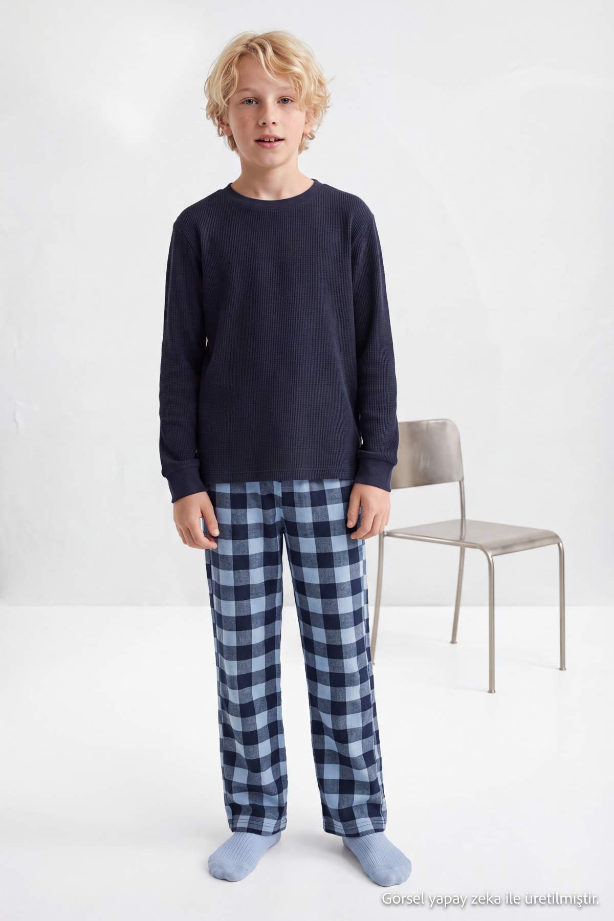 Boys' Navy Top & Checked Trousers Pyjama Set