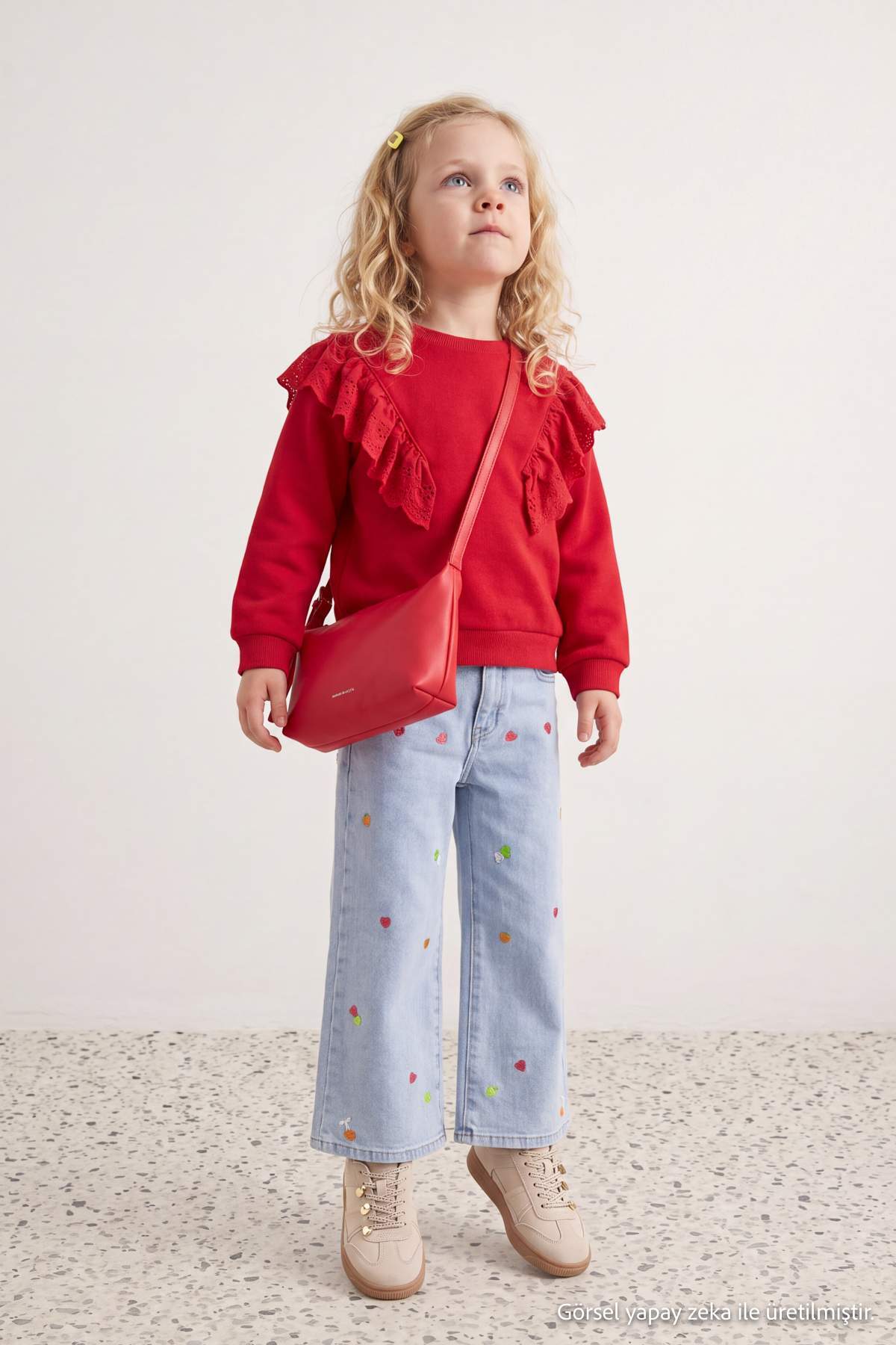 Girls' Mid-Blue Heart-Embroidered Wide-Leg Jeans