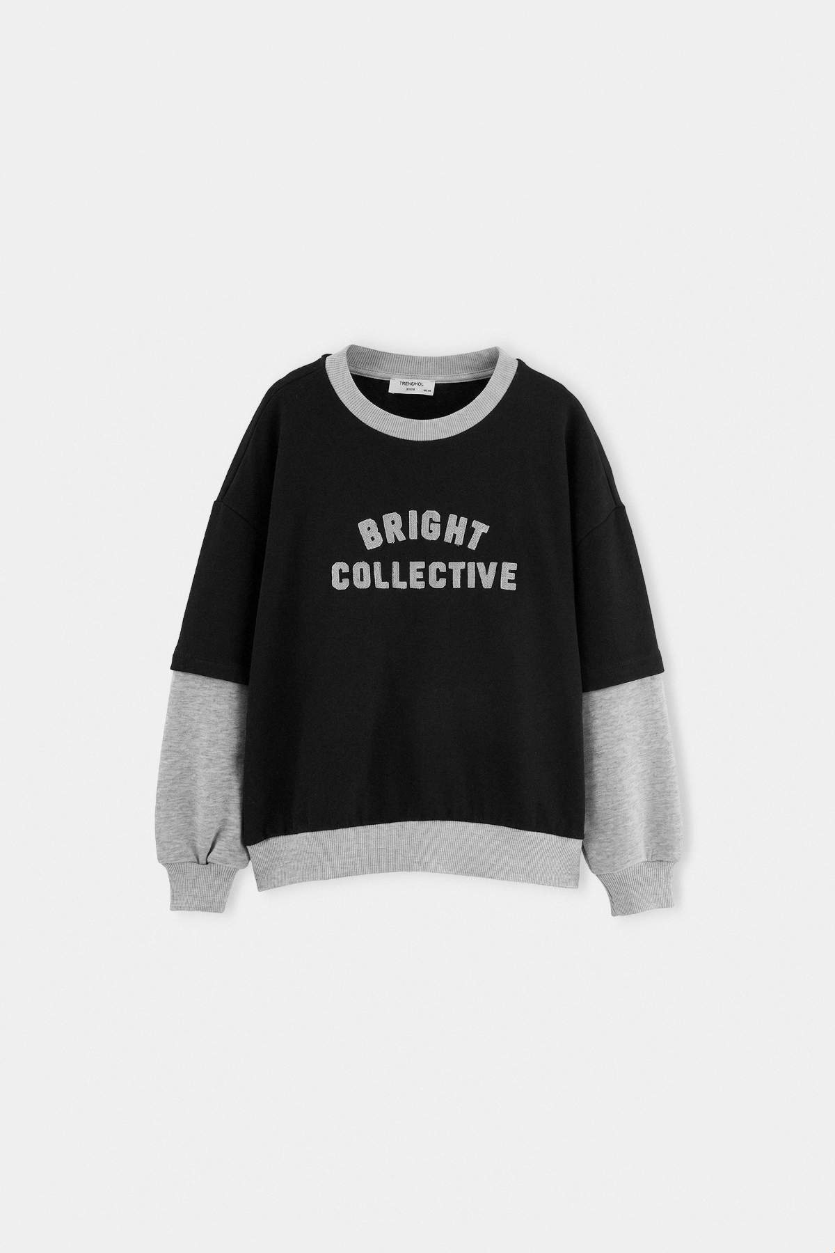 Boys' Black Slogan Layered-Sleeve Sweatshirt
