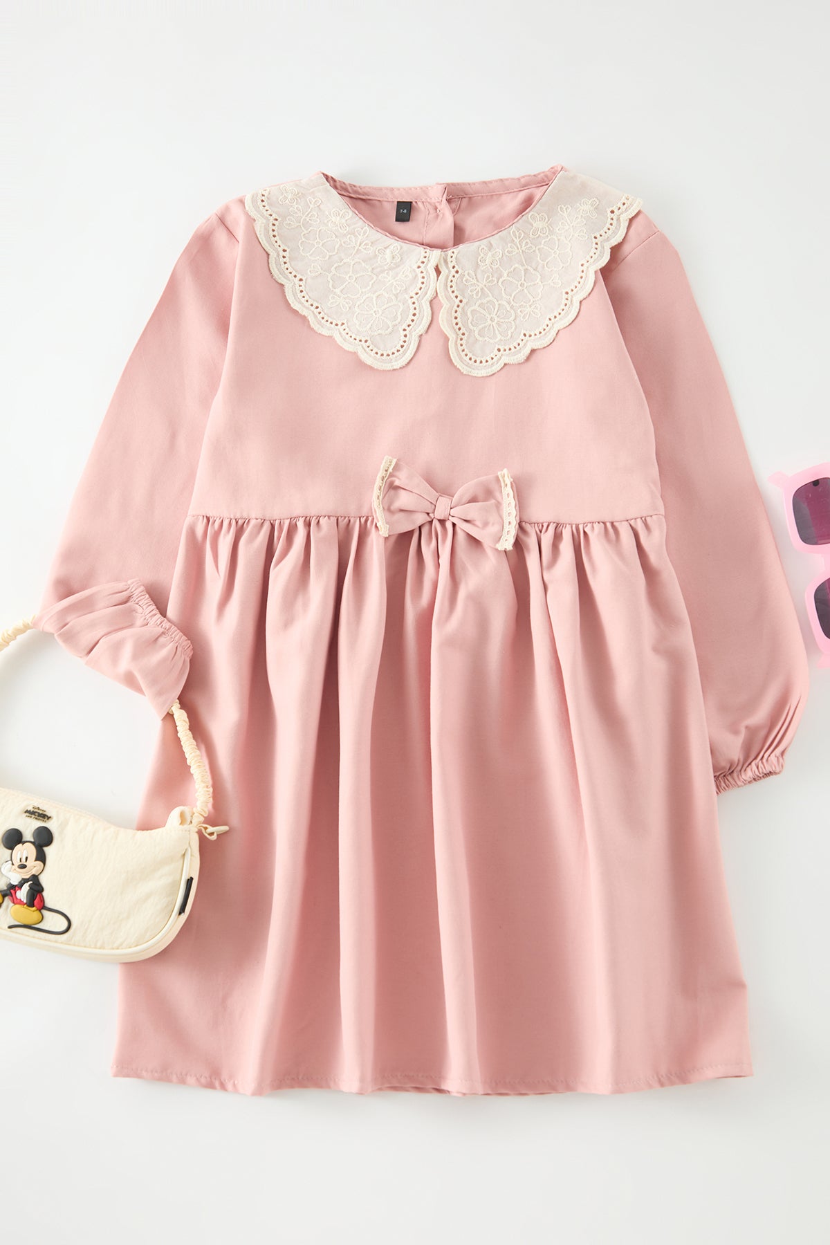 Girls' Dusty Rose Cotton Peter Pan Collar Midi Dress