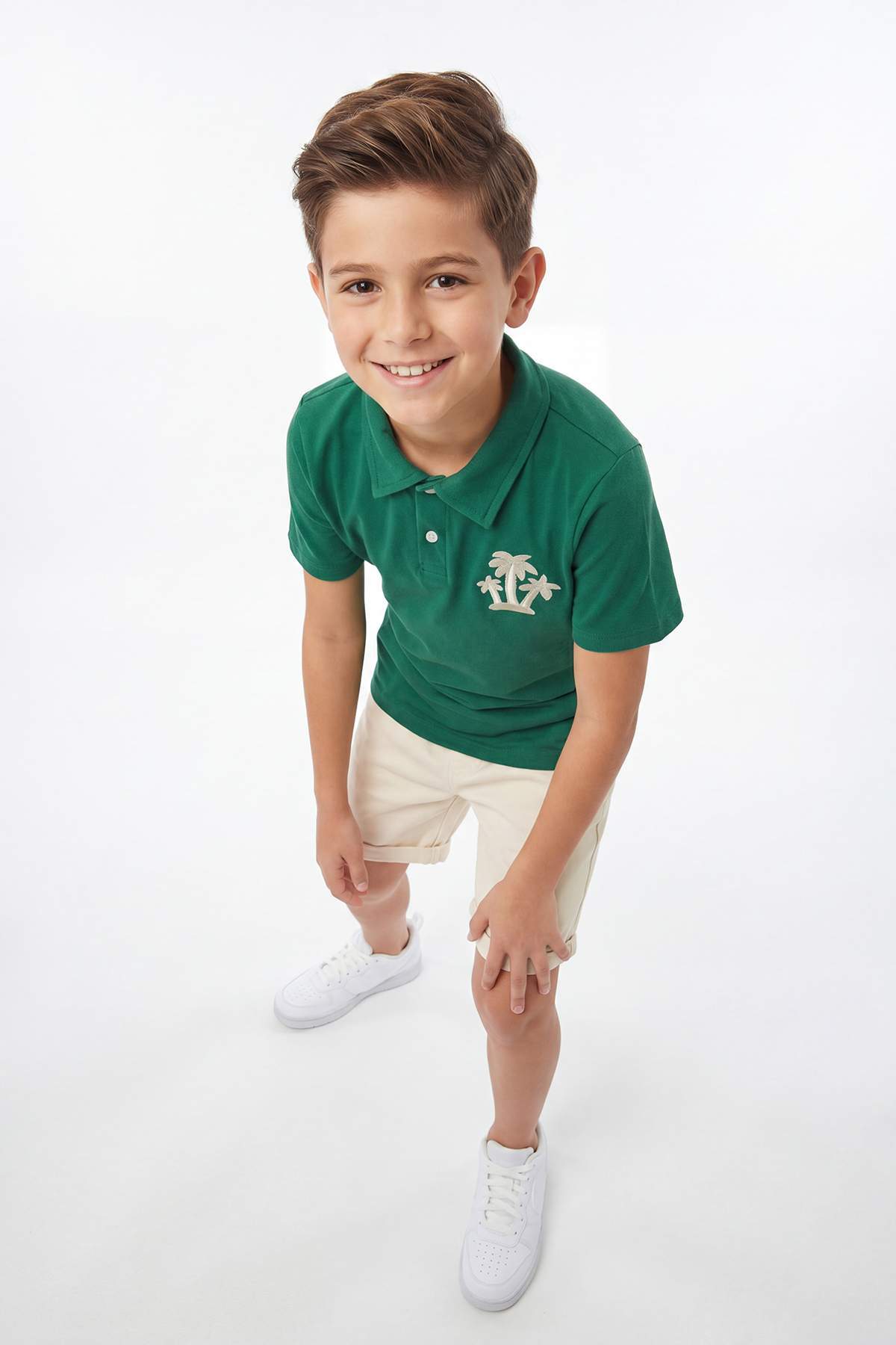 Boys' Green Embroidered Cotton Polo Short-Sleeve Set