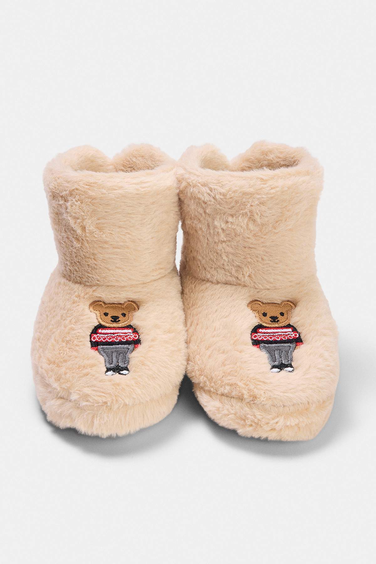 Kids' Ecru Embroidered Plush Slipper Boots