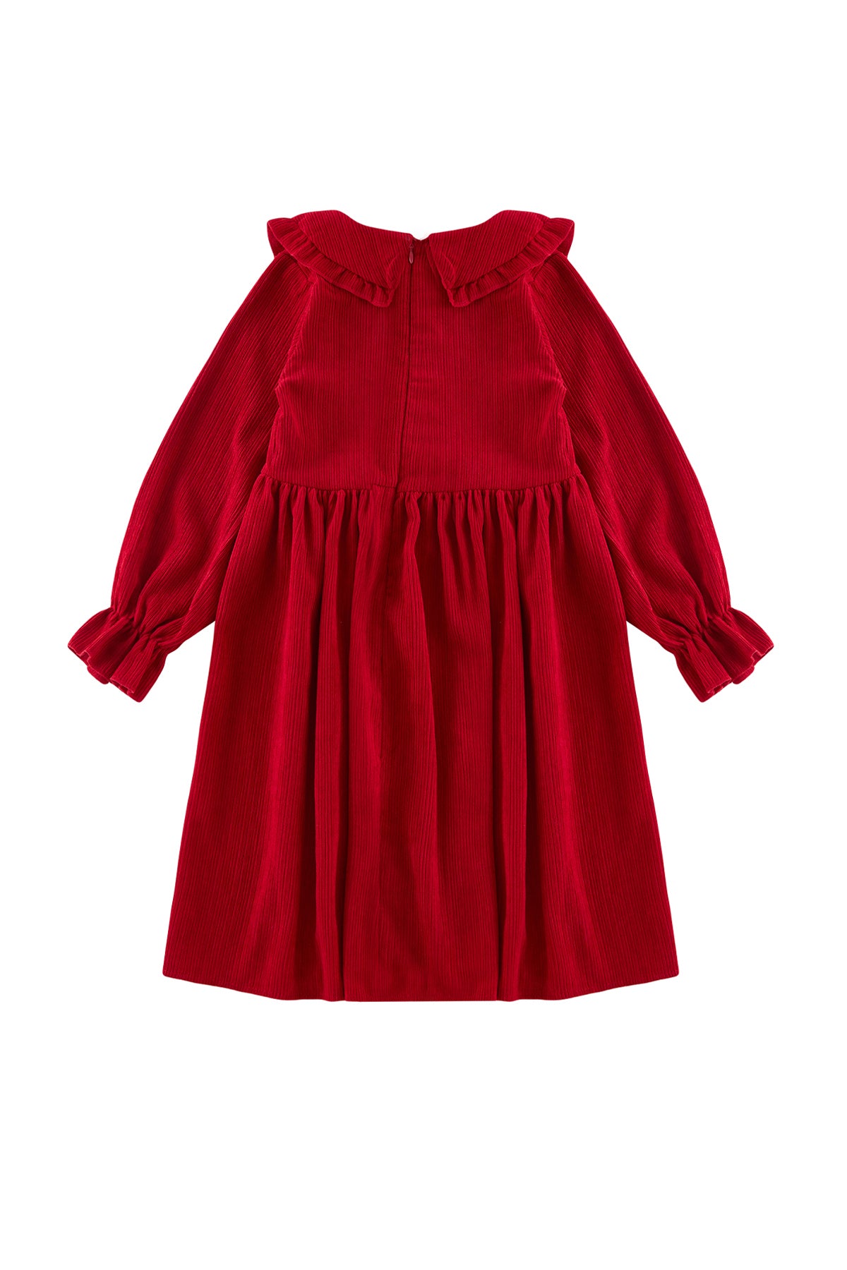 Girls' Red Cotton Velvet Peter Pan Collar Dress