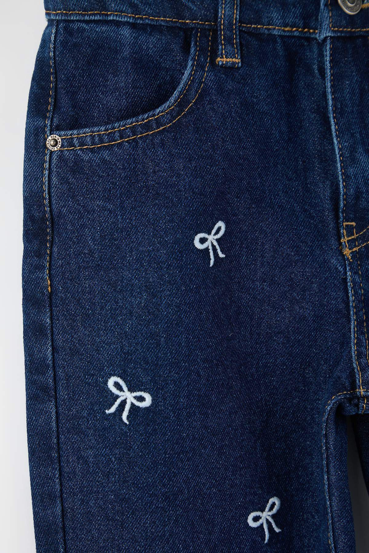 Girls' Floral-Embroidered Cotton Wide-Leg Jeans