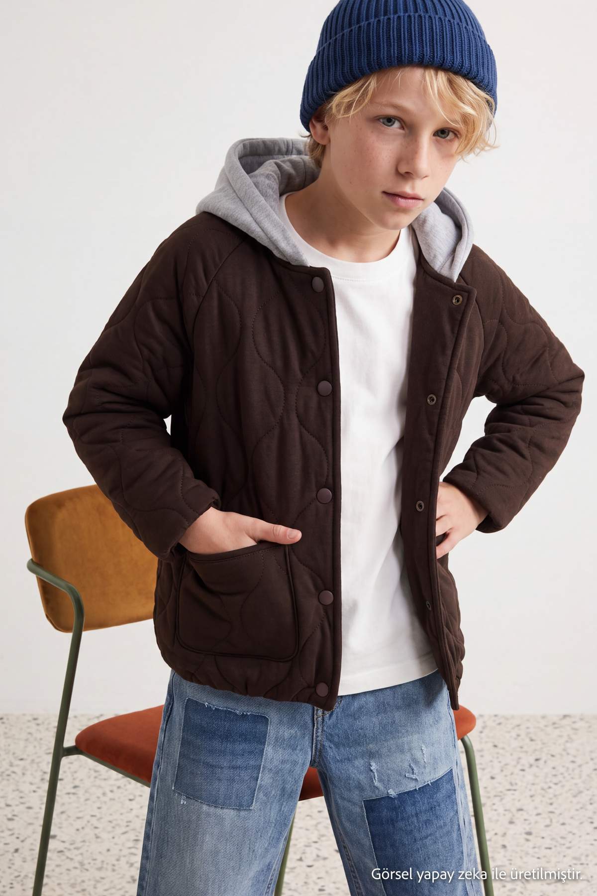 Girls' Brown Quilted Hooded Jacket