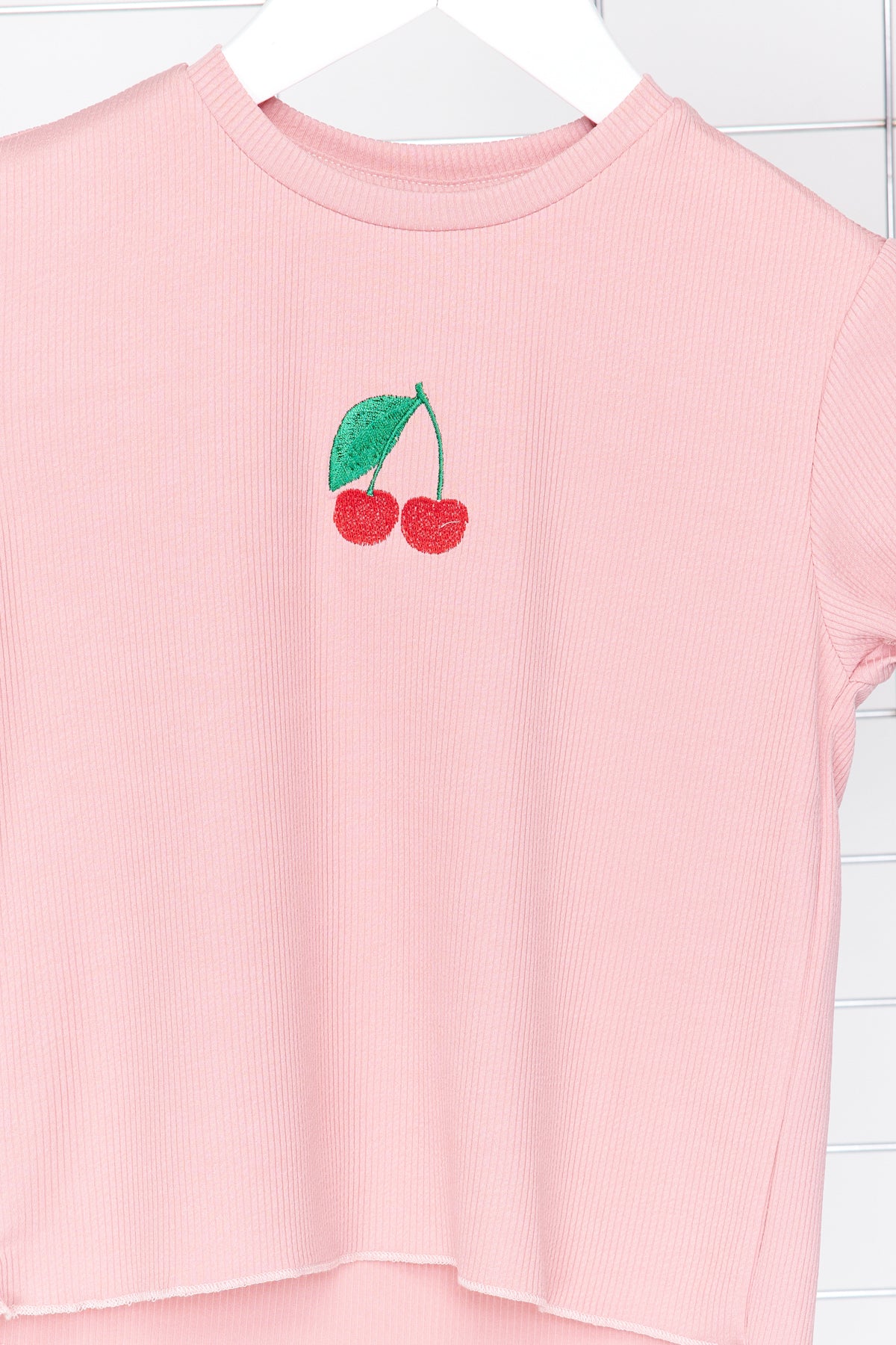 Girls' Light Pink Cherry Ribbed Cotton T-Shirt