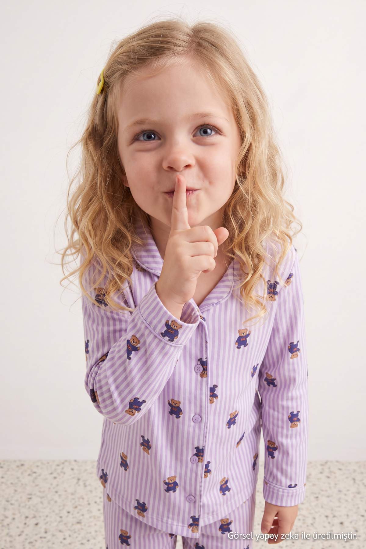 Girls' Pink Soft Patterned Pyjama Set with Shirt Collar