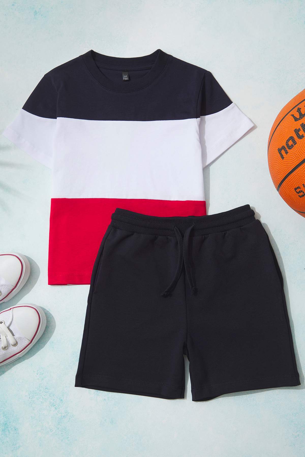 Boys' Navy Colour-Block Cotton Short-Sleeve Set