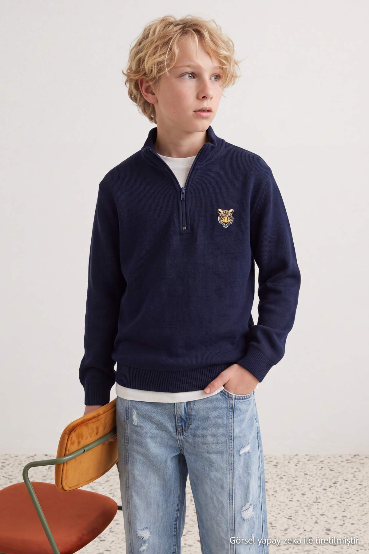 Boys' Navy Printed High-Neck Sweatshirt
