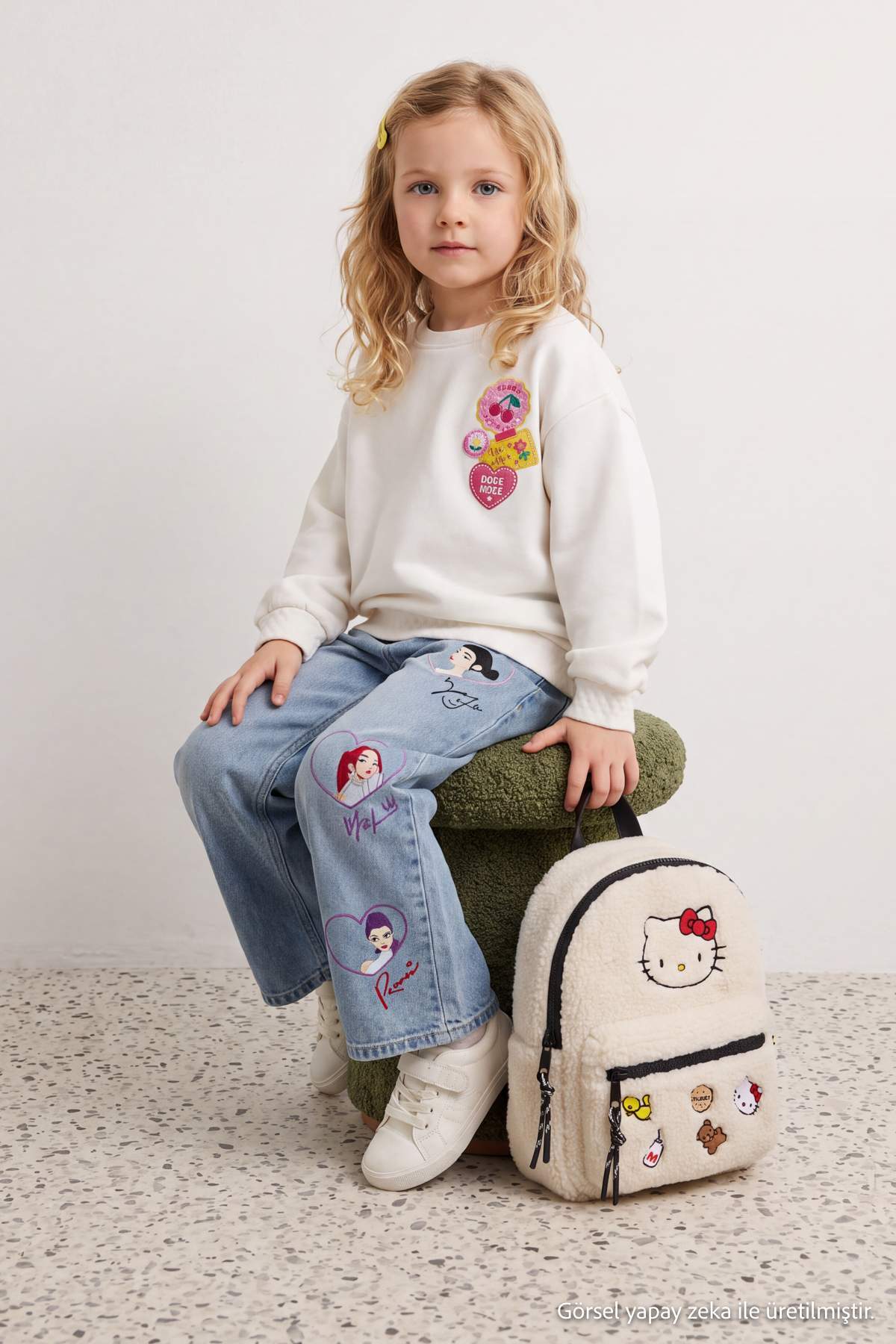 Girls' Ecru Patch-Print Fleece-Lined Sweatshirt