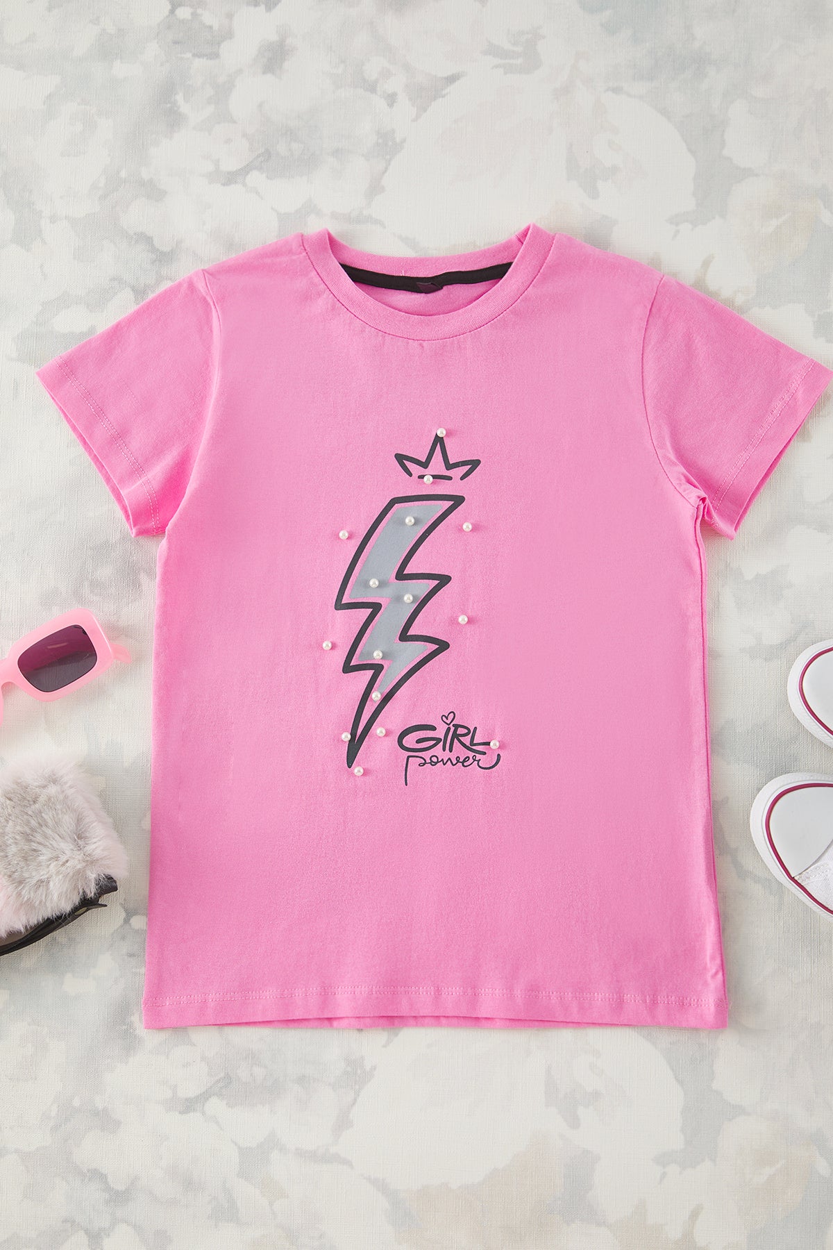 Girls' Pink Lightning-Print Cotton T-Shirt