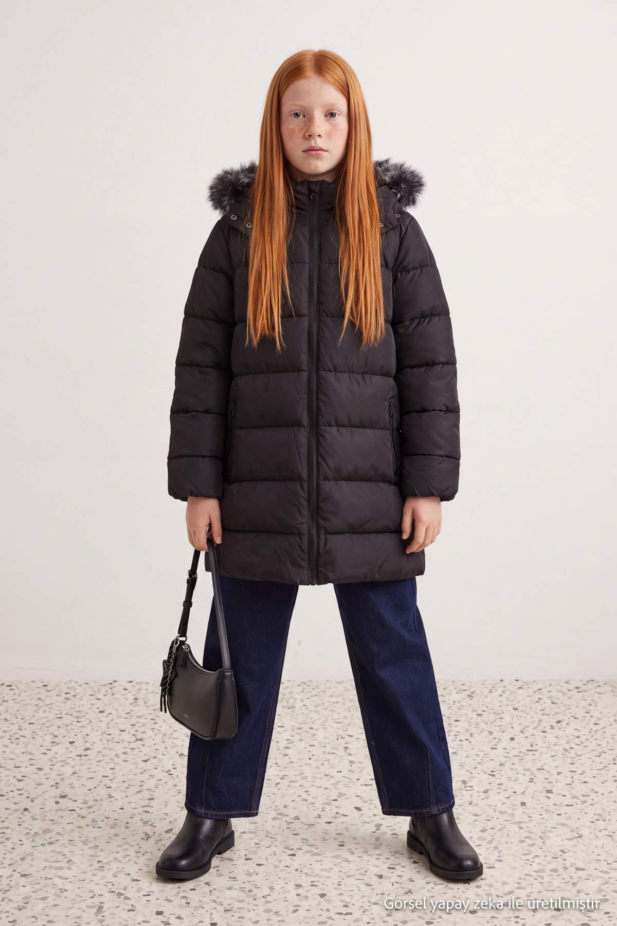 Girls' Black Long Fleece-Lined Hooded Coat