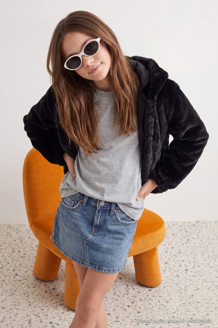 Girls' Black Hooded Plush Jacket