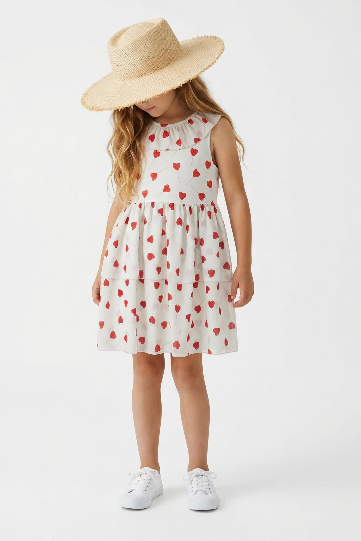 Girls' Ecru Heart-Print Short-Sleeve Mini Dress