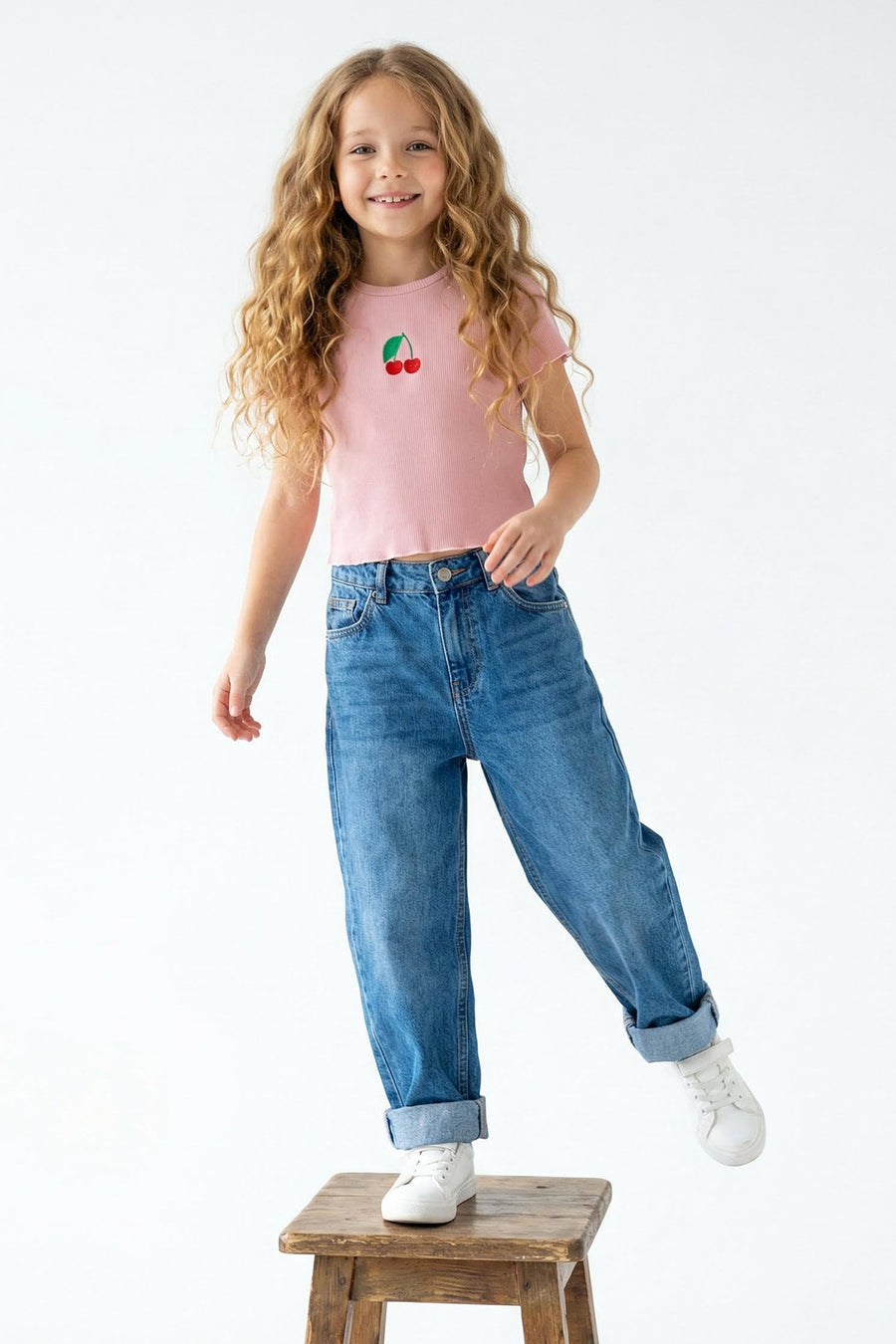 Girls' Light Pink Cherry Ribbed Cotton T-Shirt