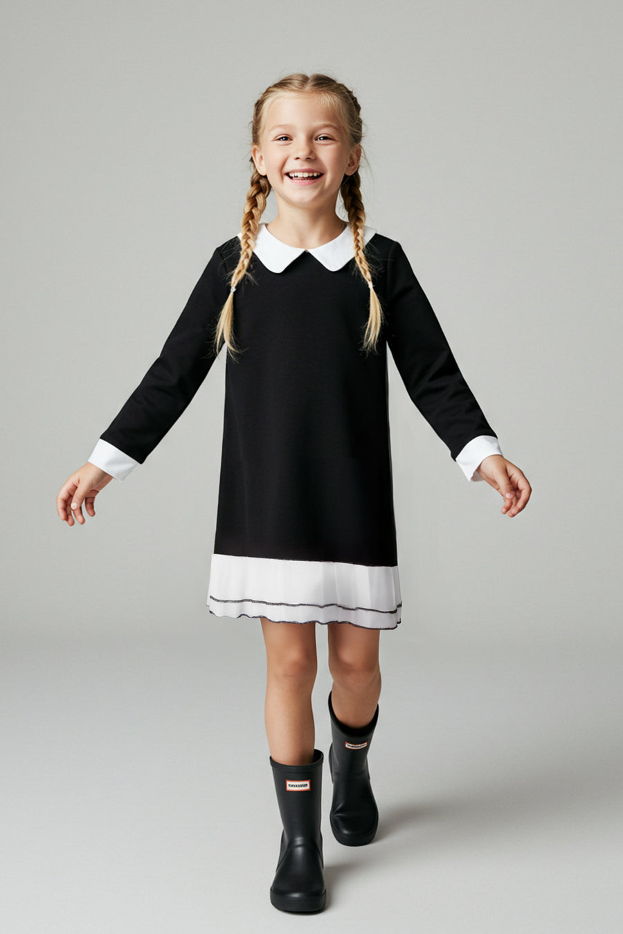 Girls' Black Cotton Shirt-Collar A-Line Dress