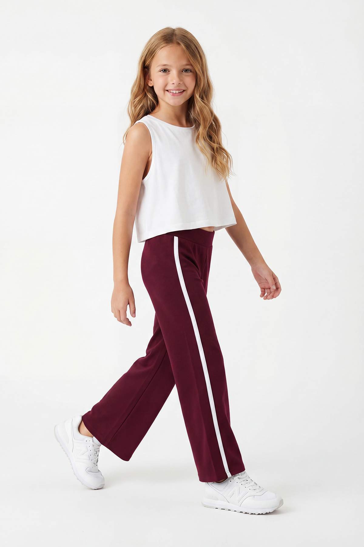 Girls' Piped Stretch Cotton Wide-Leg Trousers