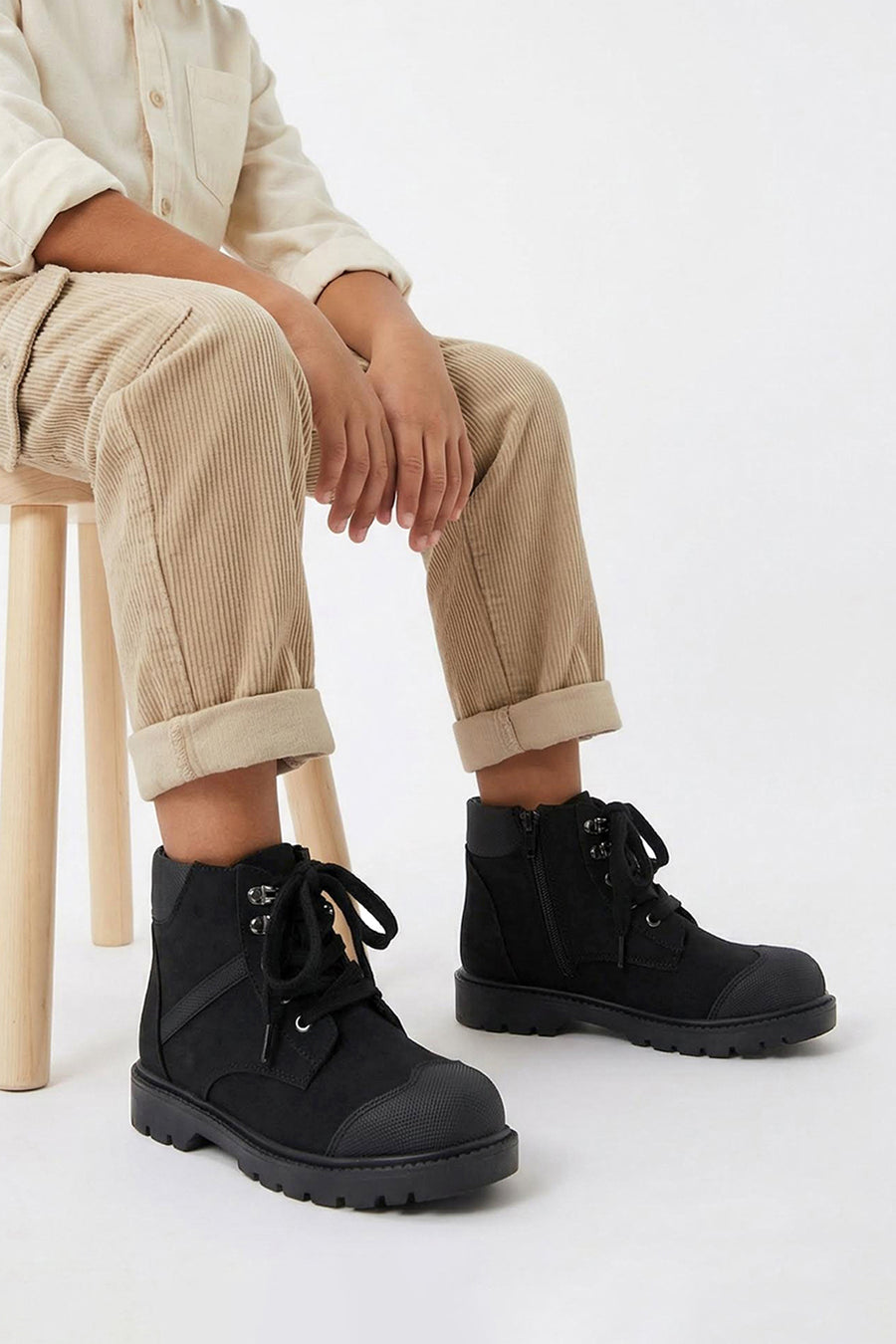 Boys' Black Lace-Up Combat Boots with Zip