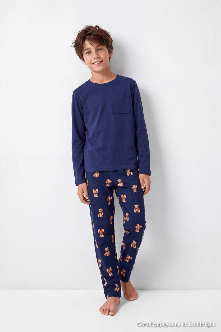 Boys' Navy Pyjama Set with Teddy-Print Trousers