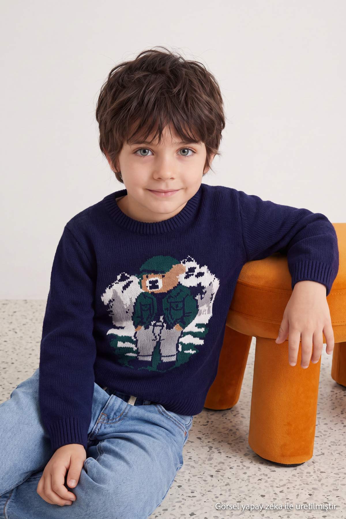 Boys' Navy Bear-Motif Knit Jumper