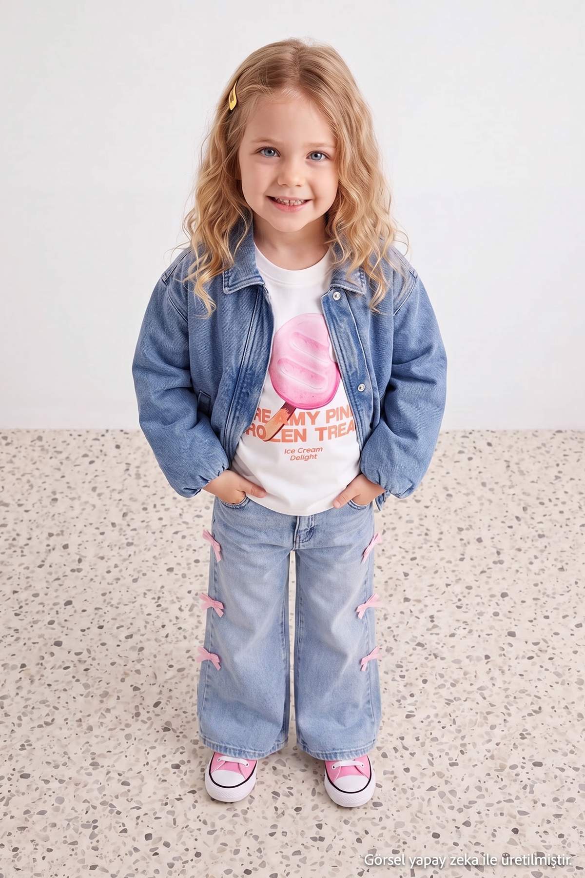Girls' Mid-Blue Cotton Bow Wide-Leg Jeans