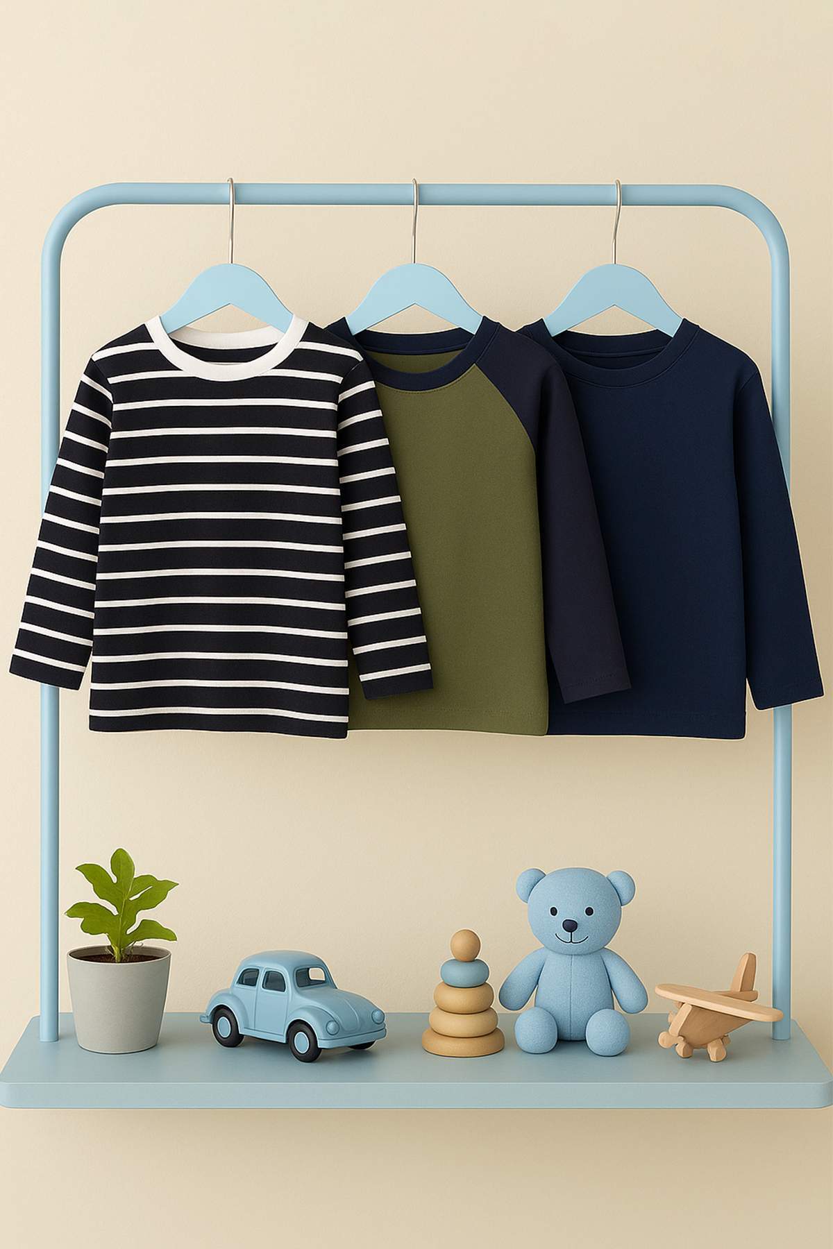 Boys' Navy, Green & Ecru 3-Pack Basic Cotton T-Shirts
