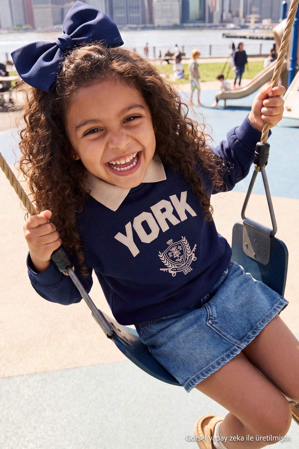 Kids' Navy Embroidered Polo-Collar Fleece-Lined Sweatshirt