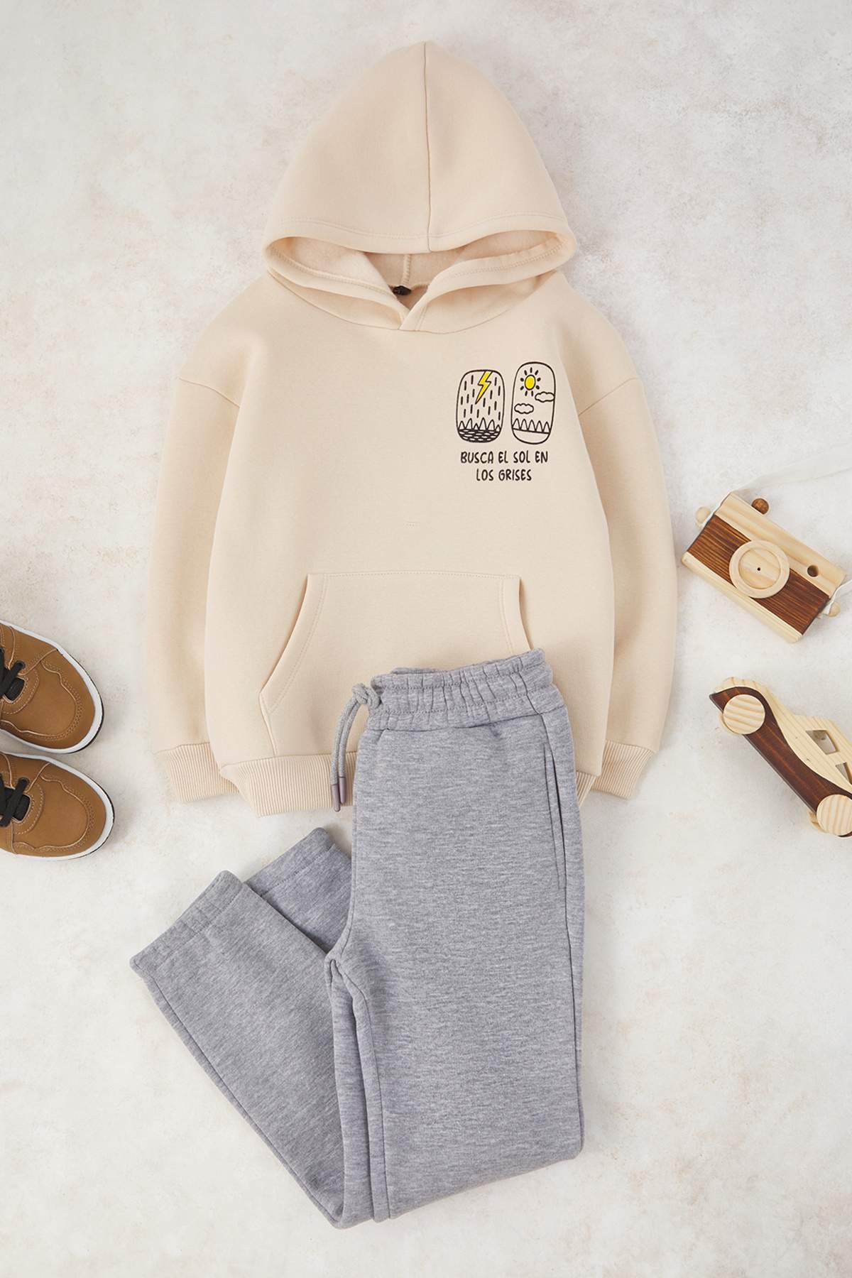 Boys' Ecru Hooded Fleece-Lined Oversized Two-Piece Set