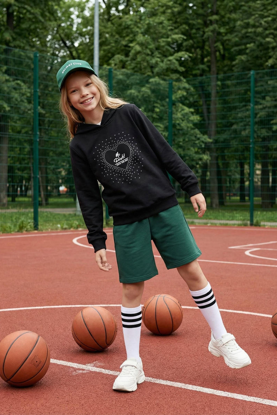 Girls' Black Heart-Print Cotton Sweatshirt