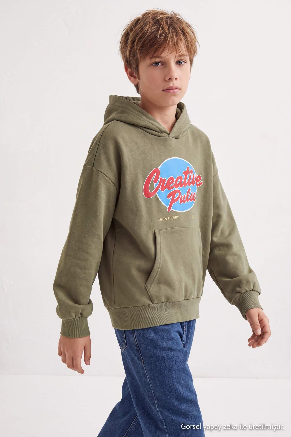 Boys' Khaki Printed Hooded Sweatshirt