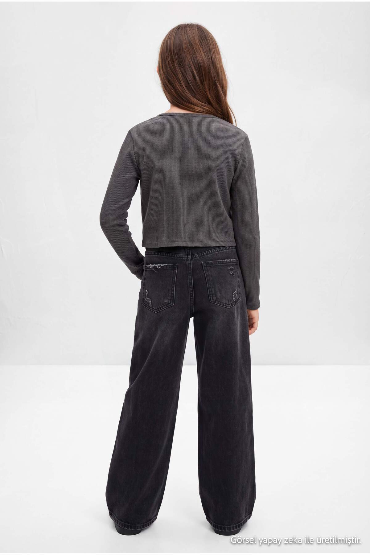 Girls' Anthracite Ribbed Stretch Button-Front Top