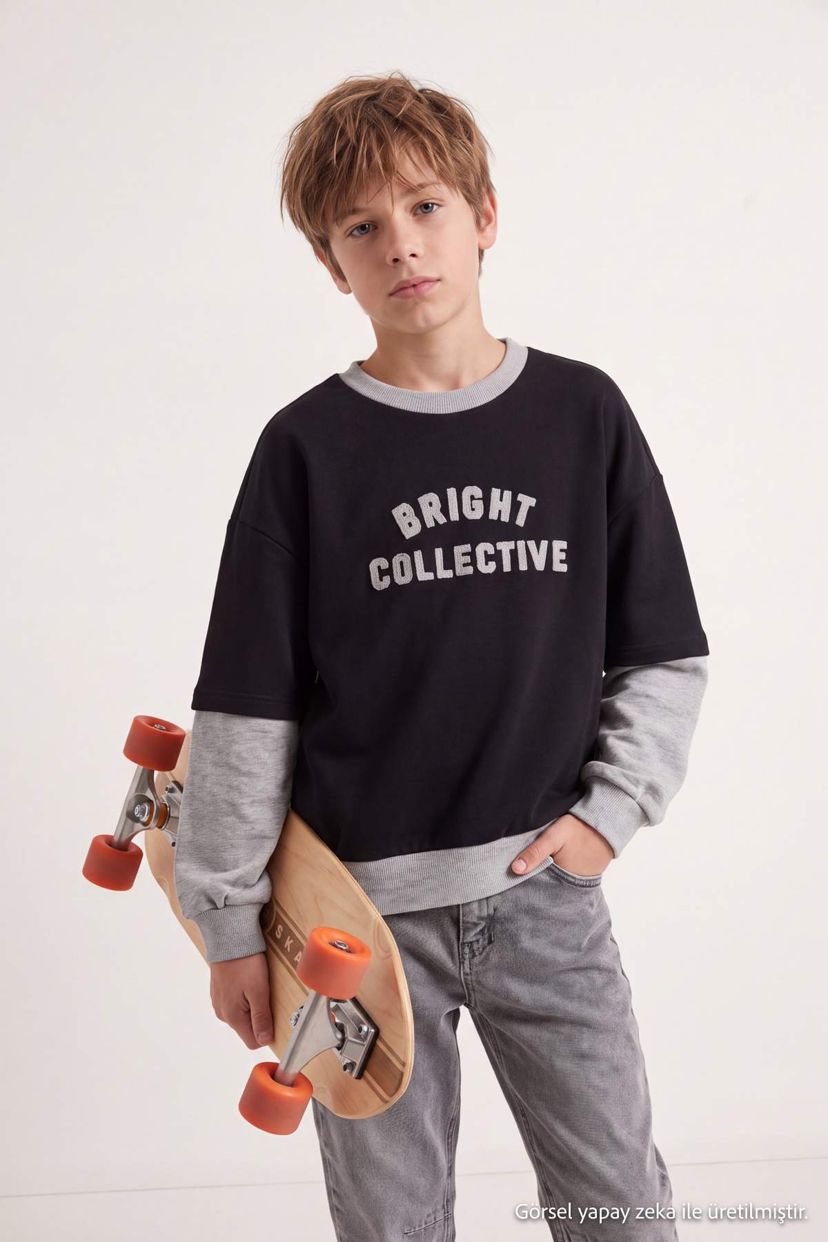 Boys' Black Slogan Layered-Sleeve Sweatshirt