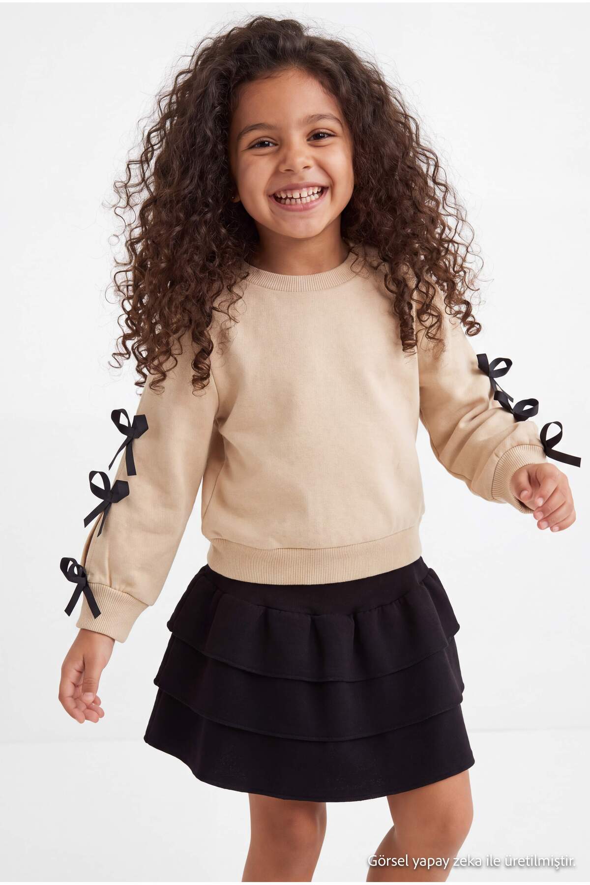Girls' Bow-Sleeve Sweatshirt & Tiered Skirt Set