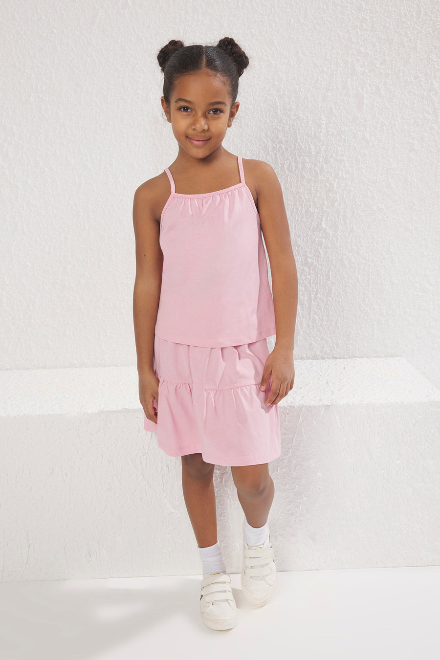 Girls' Pink Cotton Strappy Top & Skirt Set