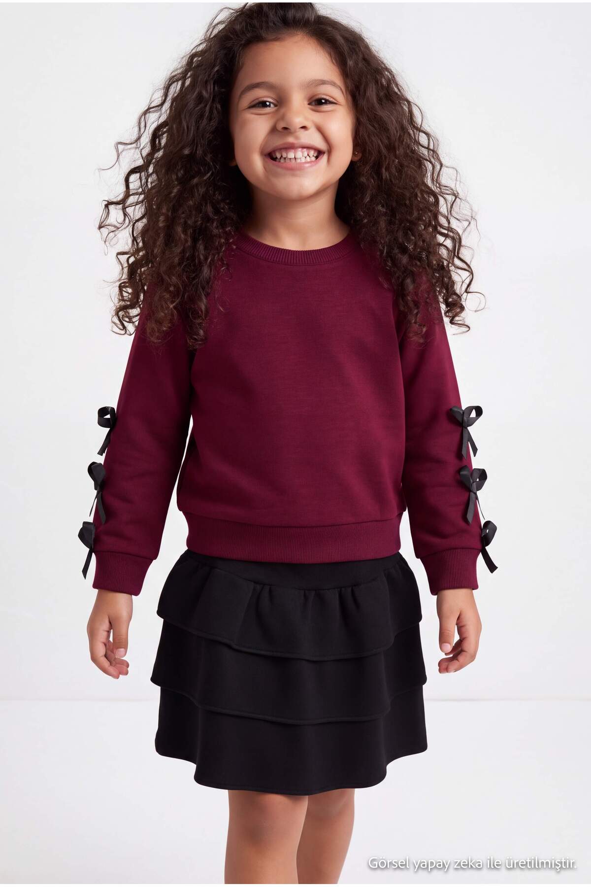 Girls' Bow-Sleeve Sweatshirt & Tiered Skirt Set