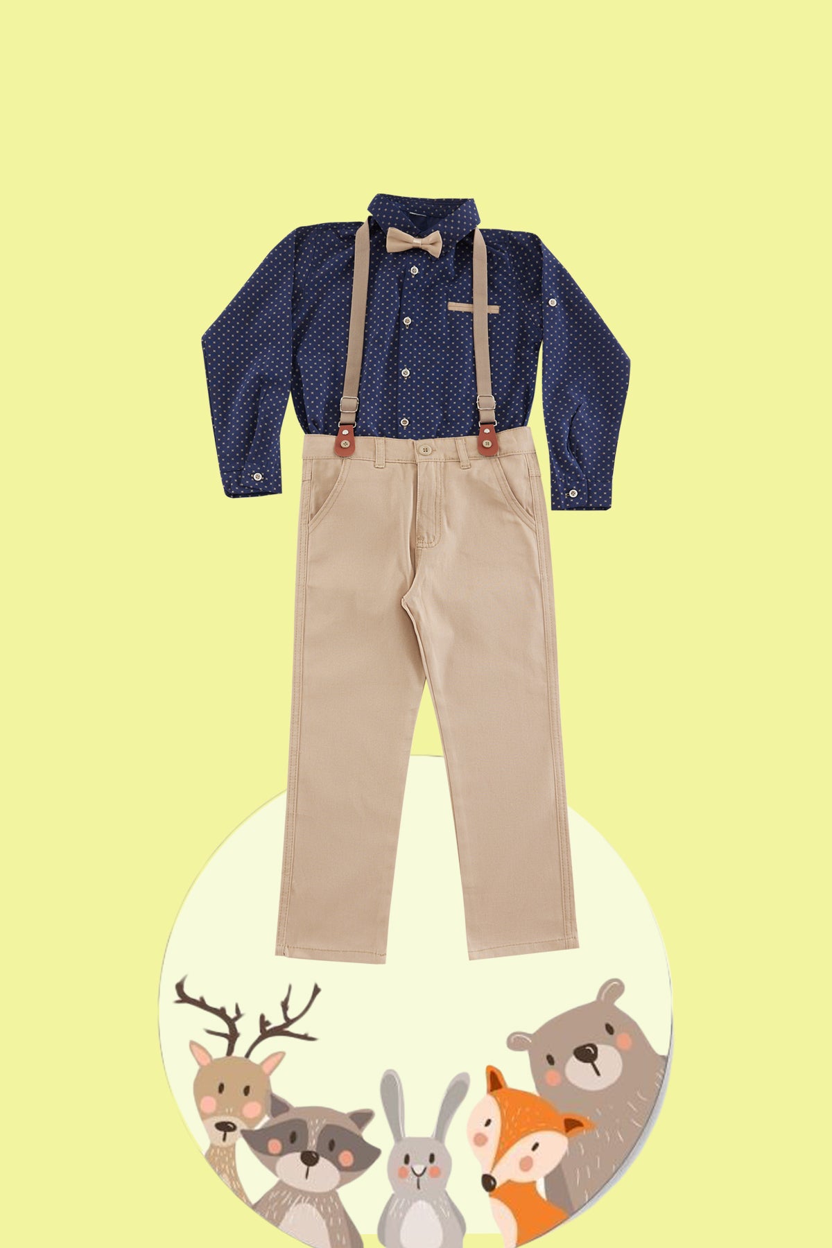 Boys' Navy 4-Piece Bow Tie, Polka-Dot Shirt, Trousers & Braces Set