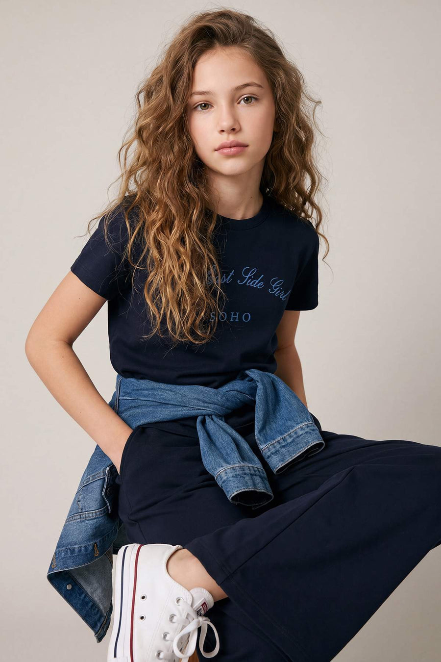 Girls' Navy Slogan Cotton T-Shirt & Skirt Set