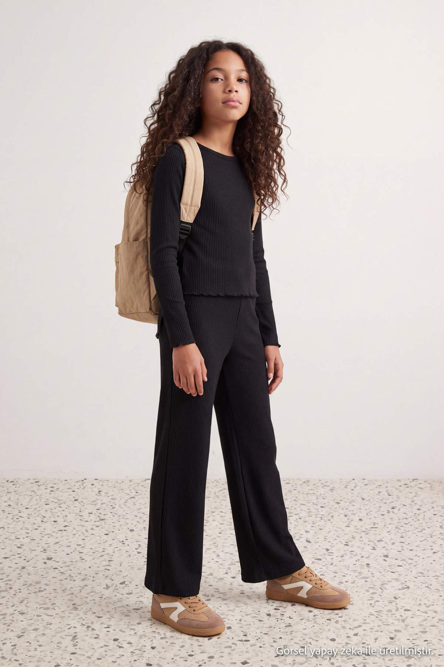 Girls' Black Ribbed Stretch Top & Trousers Set