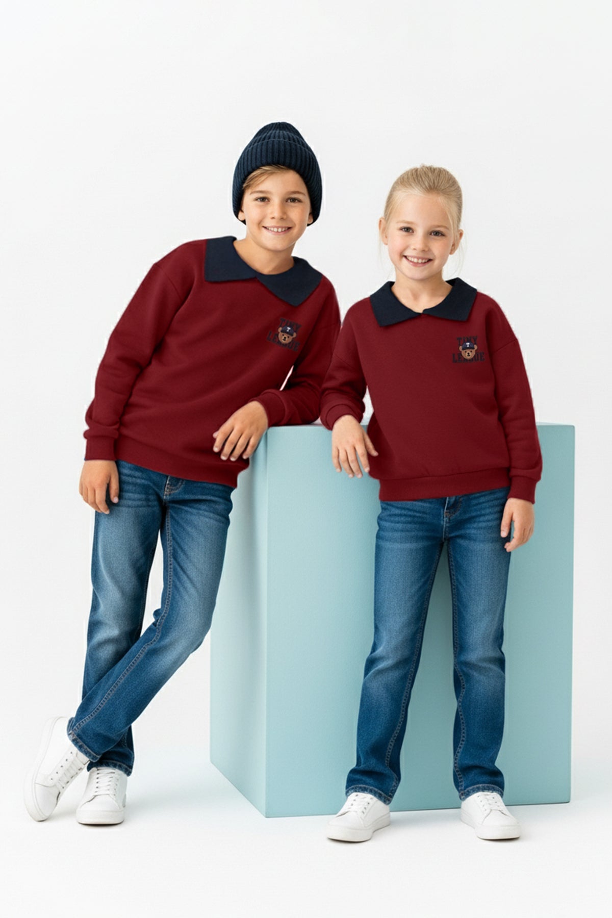 Kids' Navy Embroidered Polo-Collar Fleece-Lined Sweatshirt