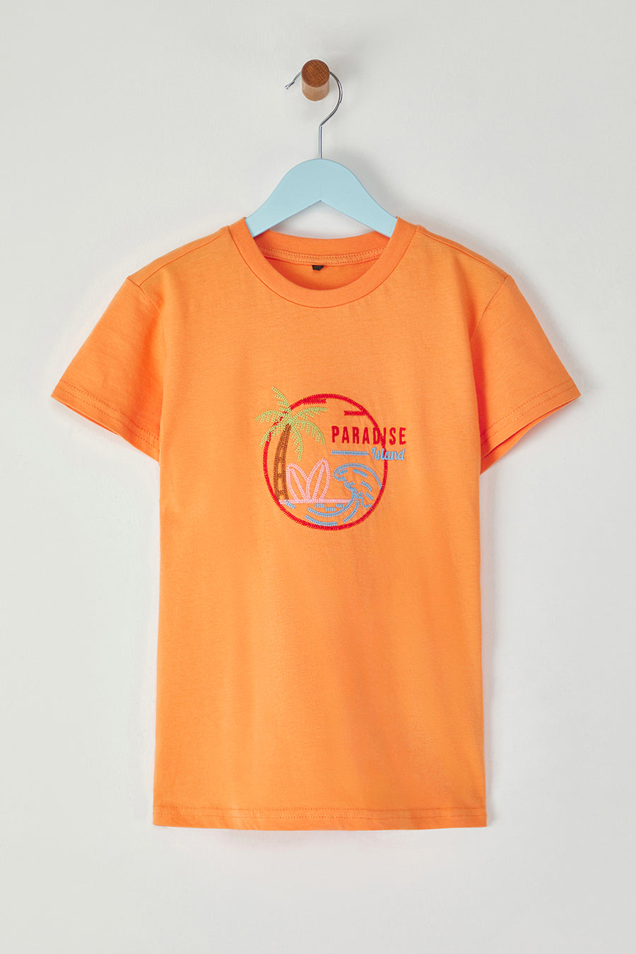Boys' Orange Palm-Embroidered Cotton T-Shirt