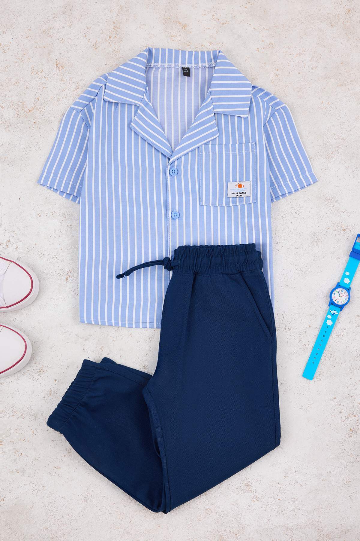 Boys' Blue Striped Short-Sleeve Shirt & Trousers Set