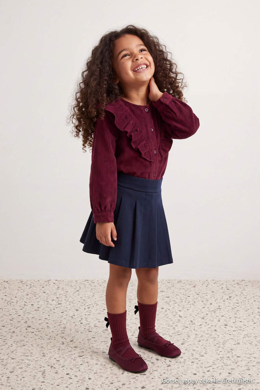 Girls' Burgundy Velvet Long-Sleeve Shirt