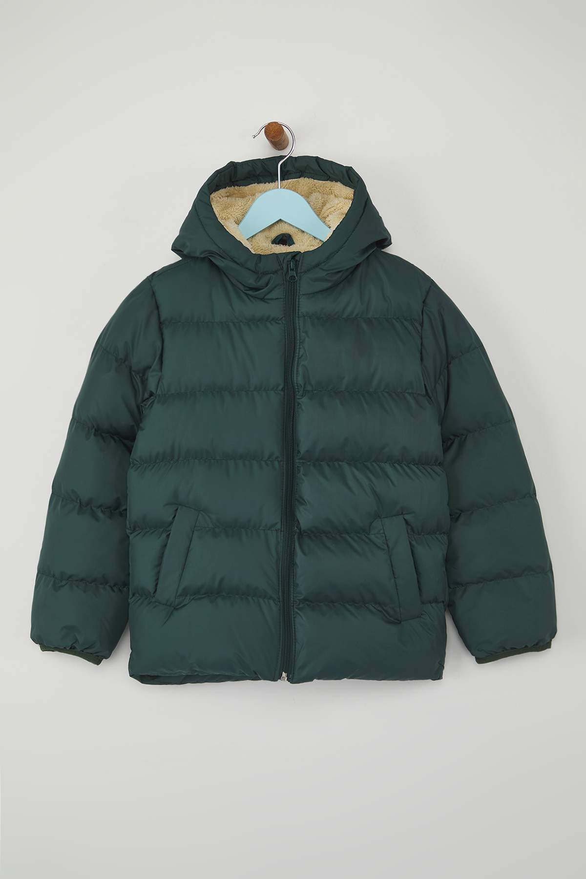 Kids' Green Fleece-Lined Hooded Puffer Coat