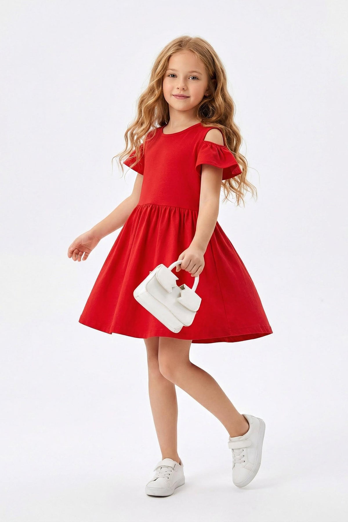 Girls' Red Cut-Out Shoulder Cotton Jersey Dress